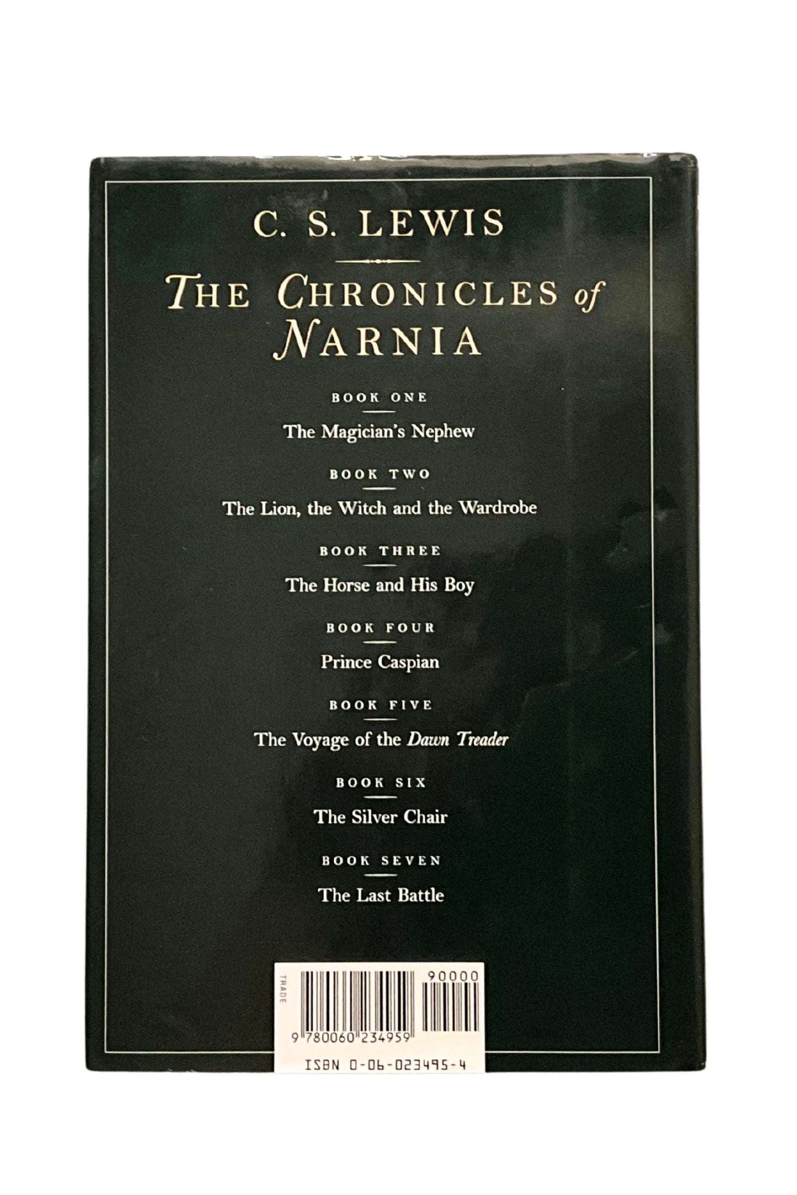 Back cover of ‘The Siver Chair’ book  with every title in the ‘Narnia’ series listed