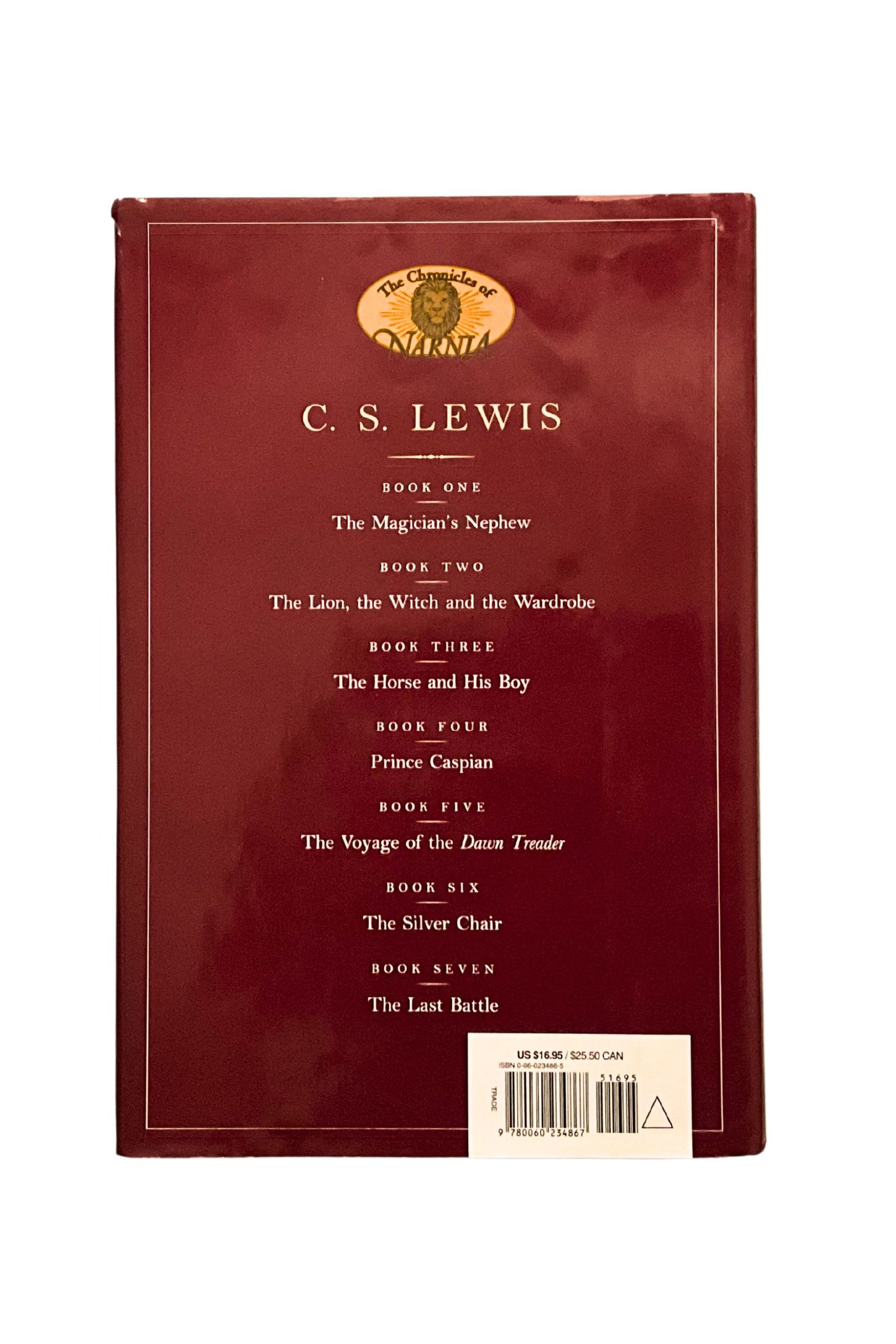 Back cover of a book with C. S. Lewis' works listed on a white background