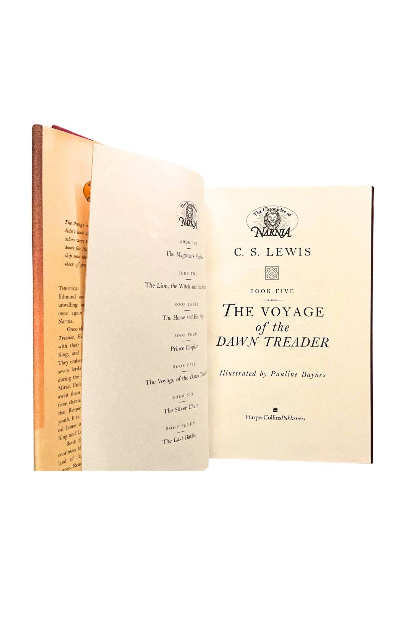 Open book titled 'The Voyage of the Dawn Treader' by C.S. Lewis on a white background