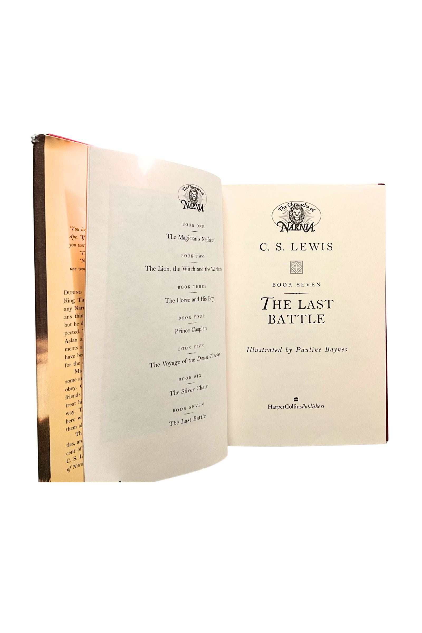 Open book titled 'The Last Battle' by C.S. Lewis on a white background