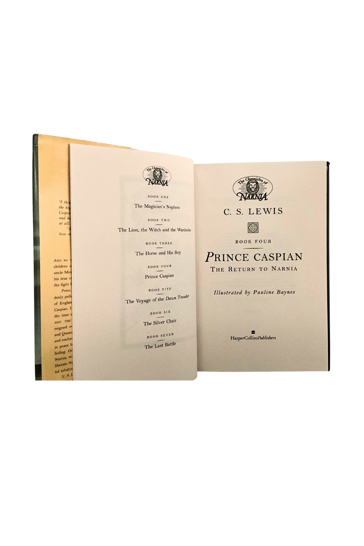 Open book titled 'Prince Caspian' by C.S. Lewis on a white background