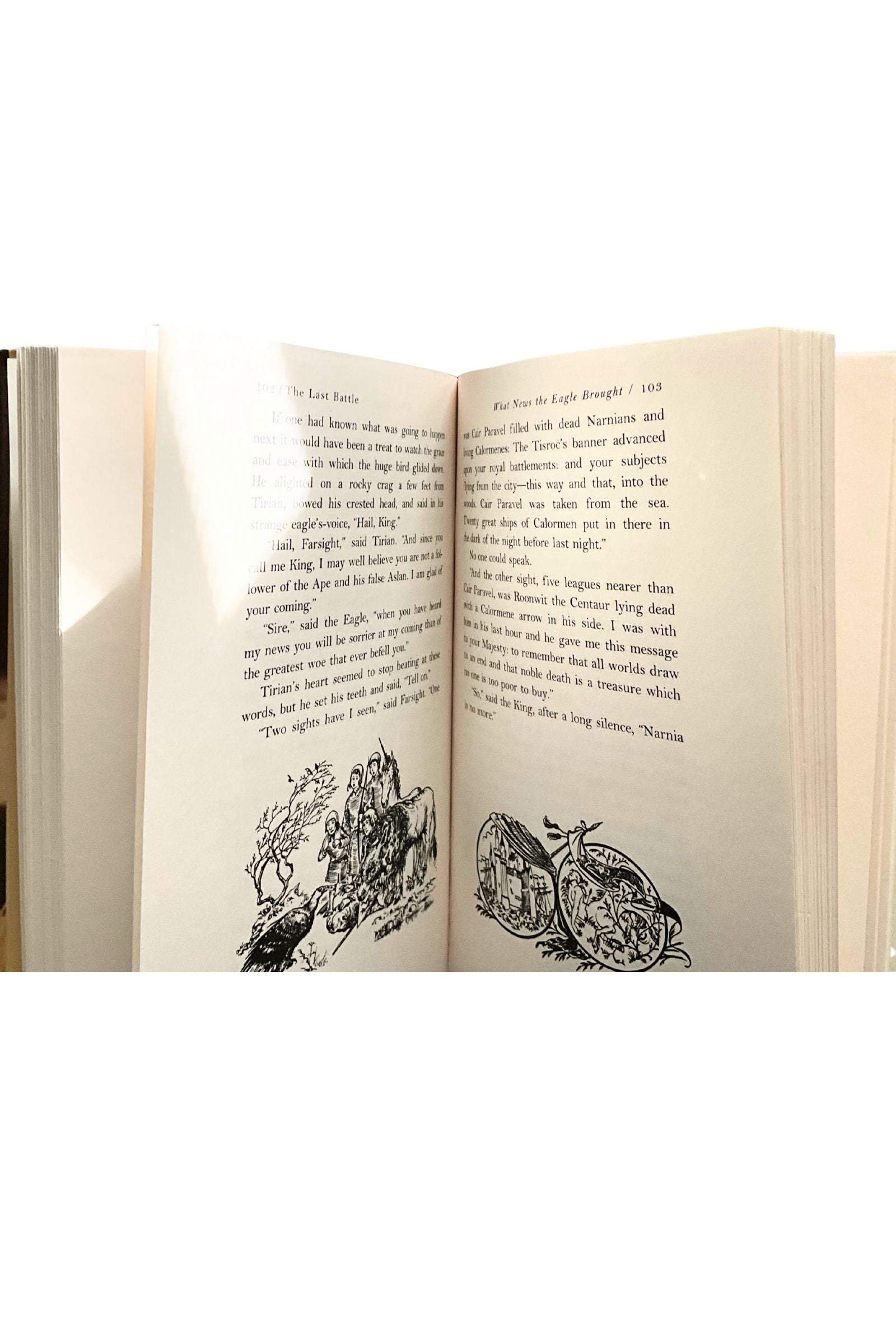 Open book with decorative illustrations and text,  on a white background