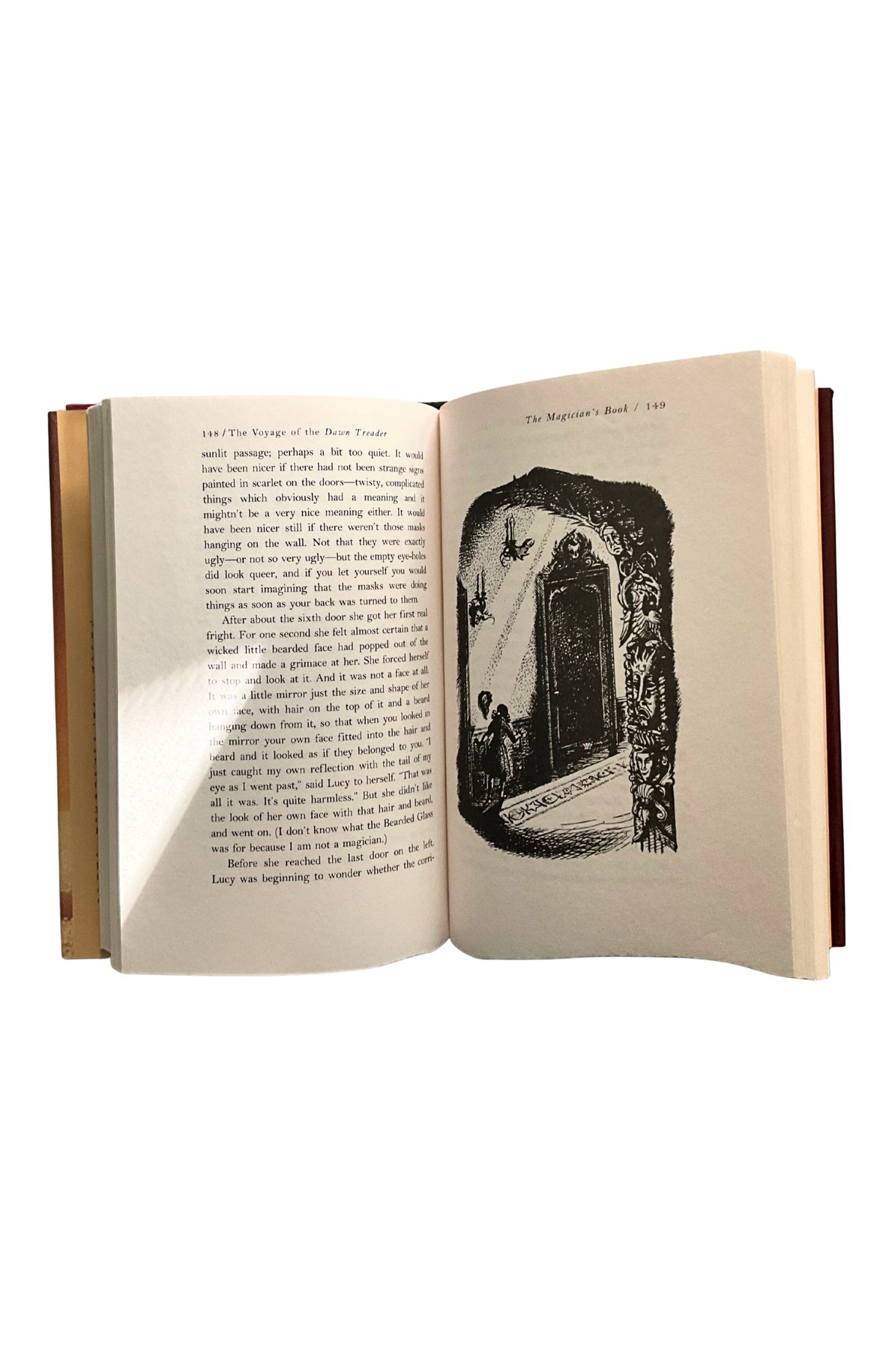 Open book with text and illustration on a white background